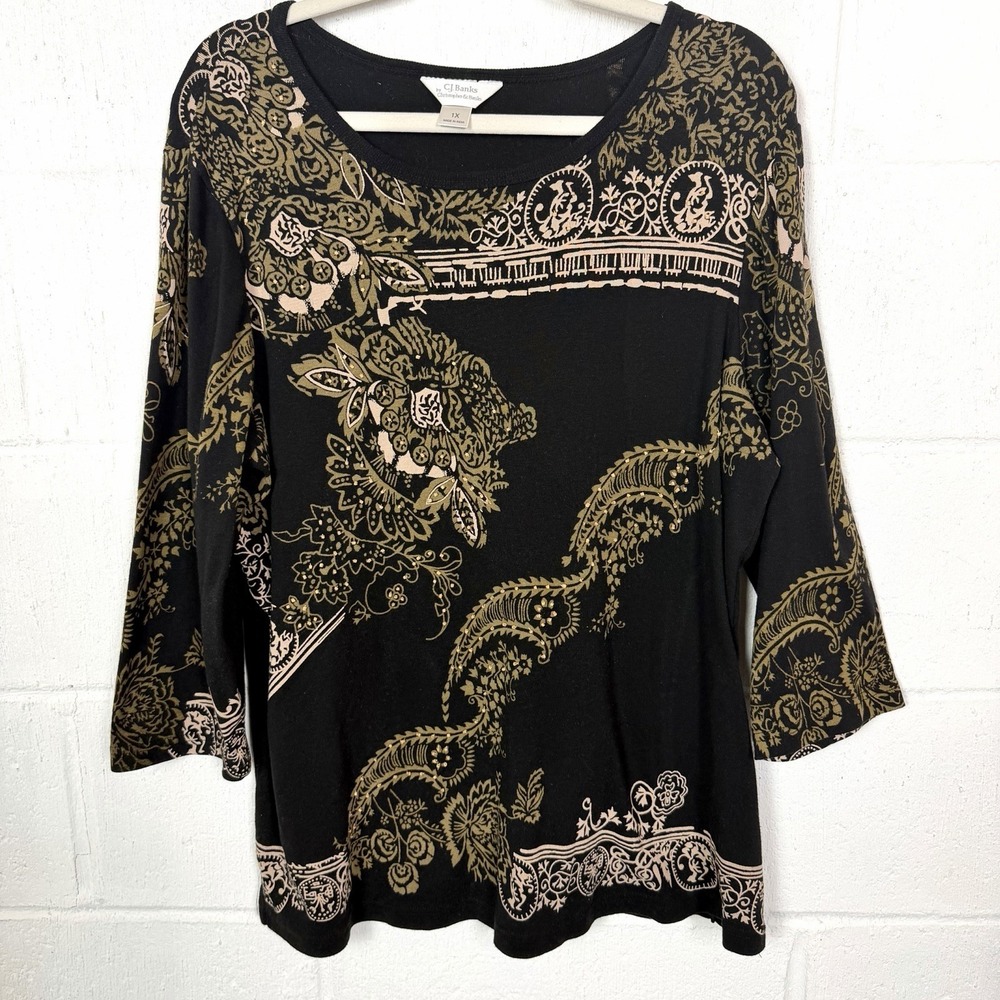 CJ Banks Tunic Black Tan Paisley Floral Beaded Artsy Eclectic Office Bohemian 1X